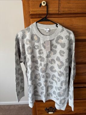 J. Jill Gray and Cream Leopard Print Crewneck Sweater